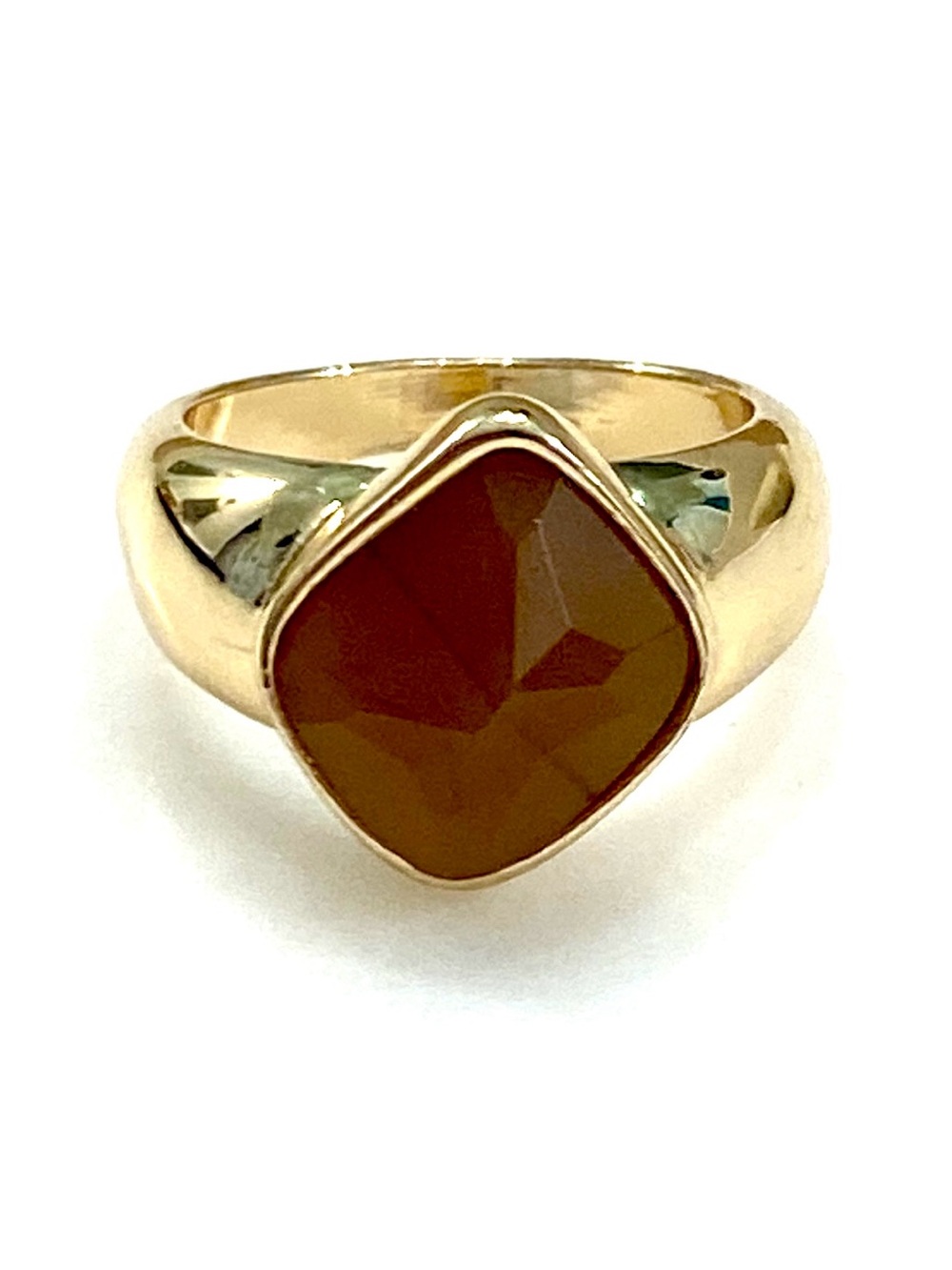 Chunky Gold Tone Faceted Amber Brown Ring Size 9 Cushion Cut Signet Dome